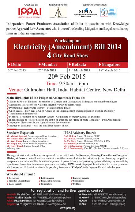 Brochure cover, Workshop on the Electricity (Amendment) Bill 2014: 4 Cities Road Show, Delhi