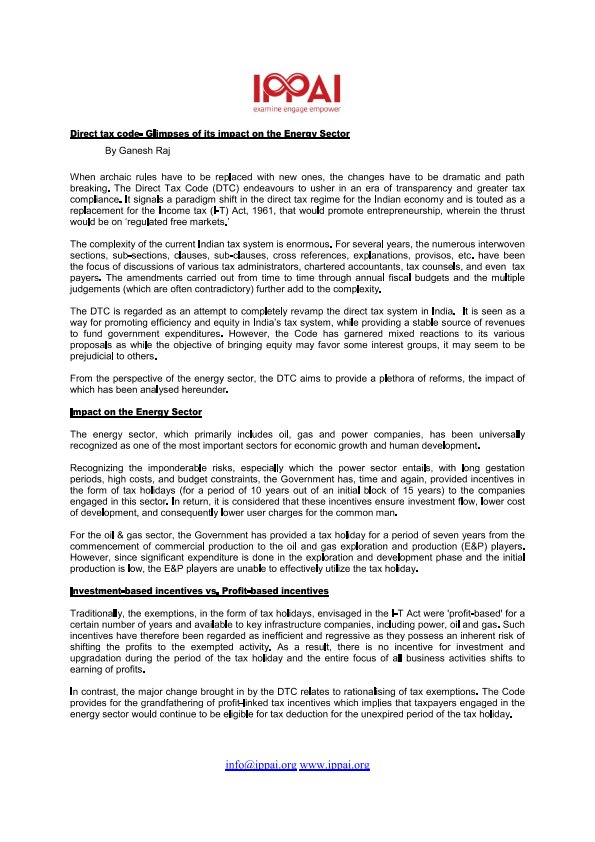 Direct Tax Code- Glimpses of its impact on the Energy Sector