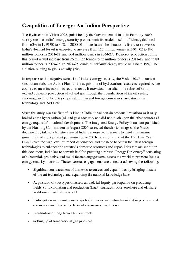 Geopolitics of Energy: An Indian Perspective